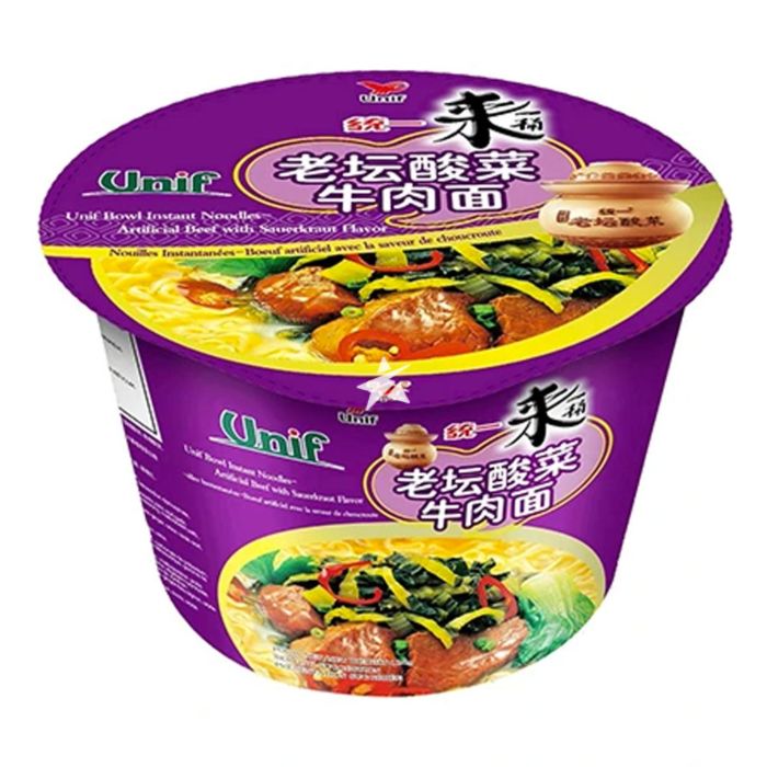 统一 老坛酸菜牛肉面 桶装 UNIF Bowl Instant Noodle Beef With Sauerkraut 125g